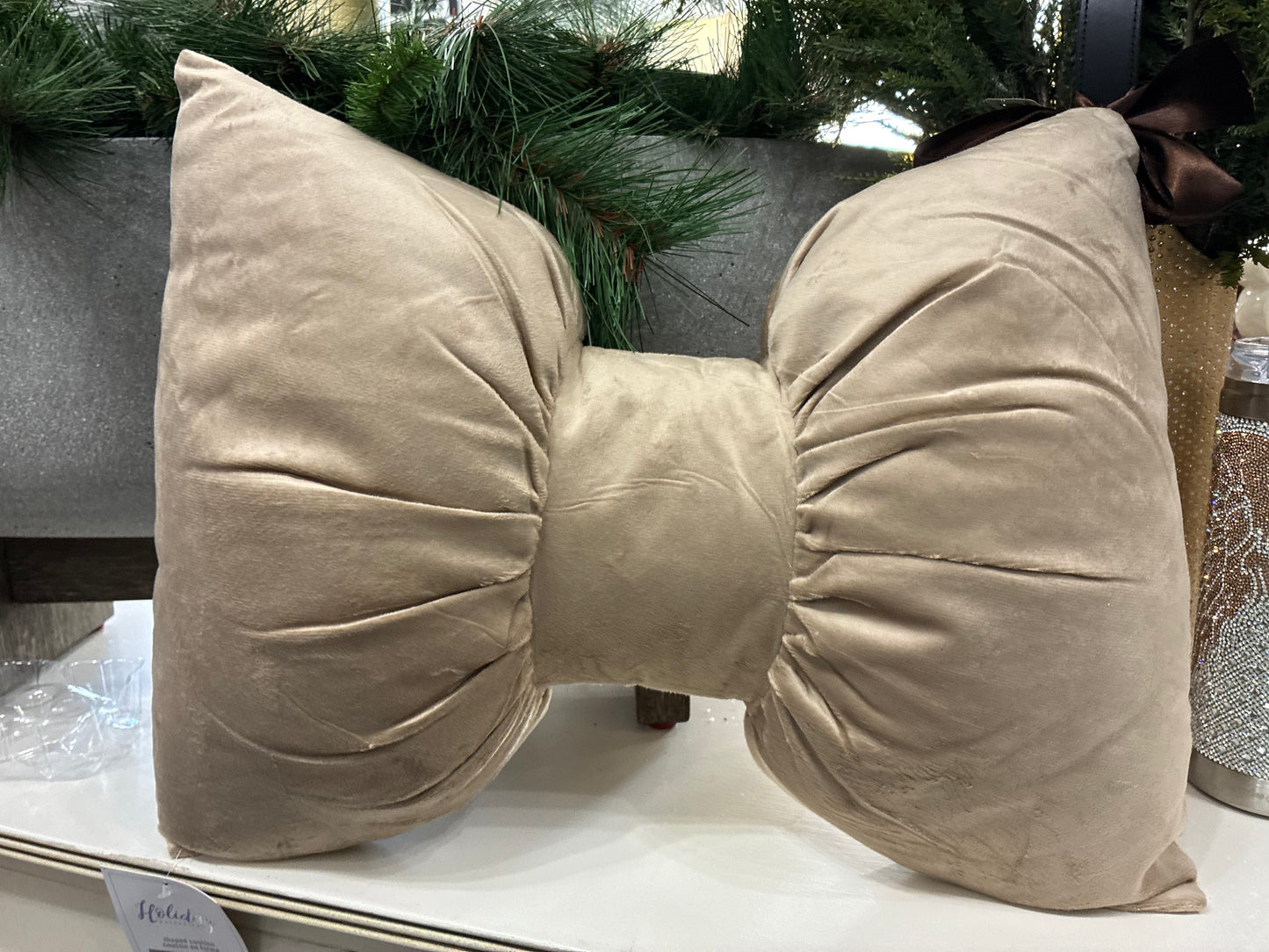 Velvet Tan Bow Pillow. 14” x 18”.