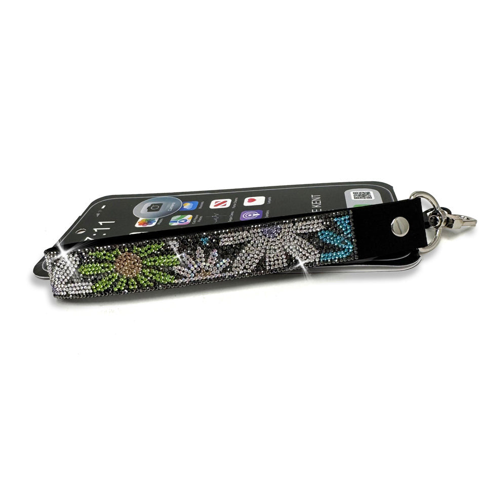 Cell phone wrist strap-flower power Hematite