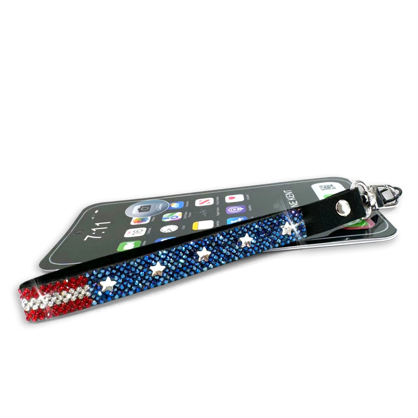 Cell phone, wrist strap- red, white and blue