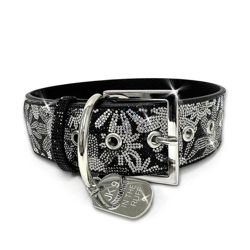 FLOWER POWER DIAMONDS IN THE RUFF DOG COLLAR BLACK LARGE