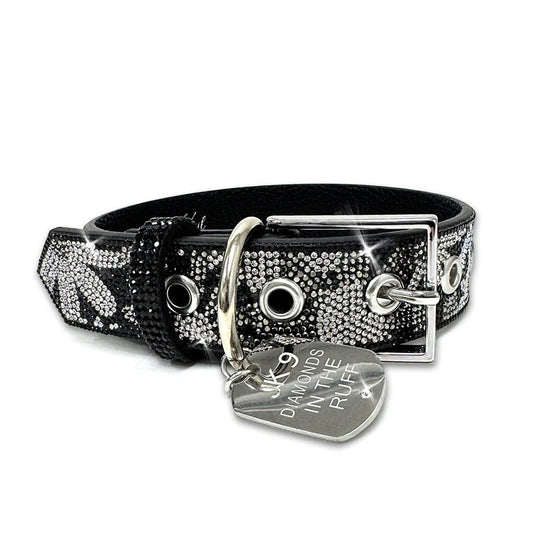 FLOWER POWER DIAMONDS IN THE RUFF DOG COLLAR BLACK MEDIUM